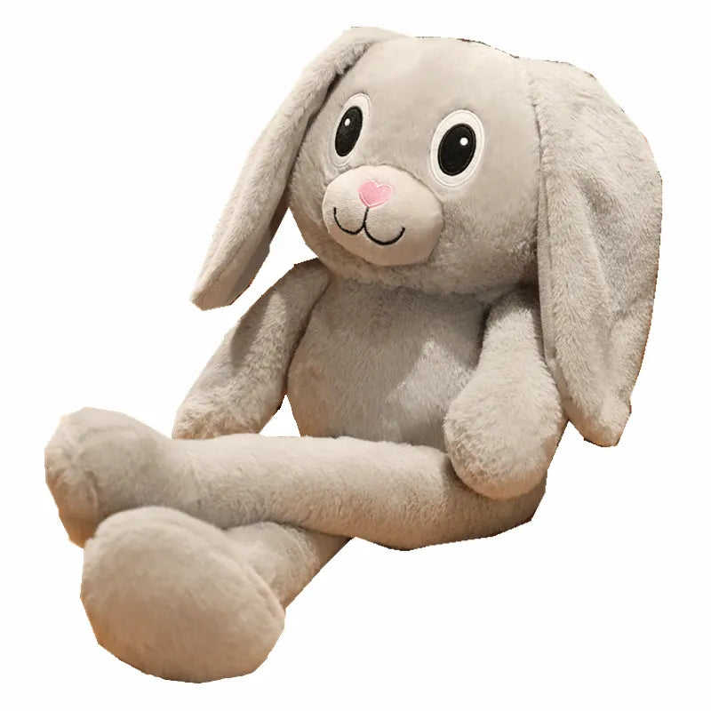 This is a gray bunny plush toy. His ears are connected to his legs and can be longer or shorter on each side.