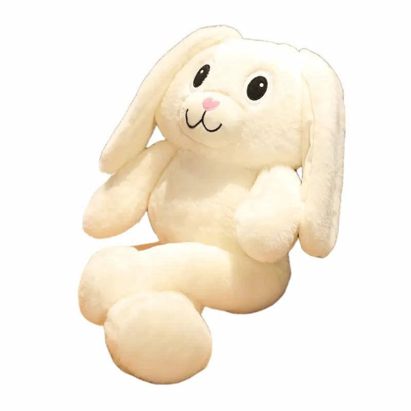 This is a white rabbit stuffed toy. His ears are connected to his legs and can be longer or shorter on each side.
