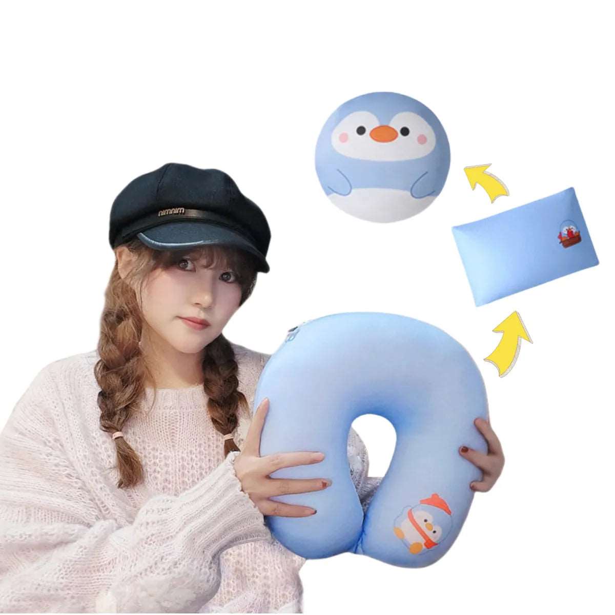 3-in-1 deformable neck pillow plush toy, Ideal for Airplanes and Cars