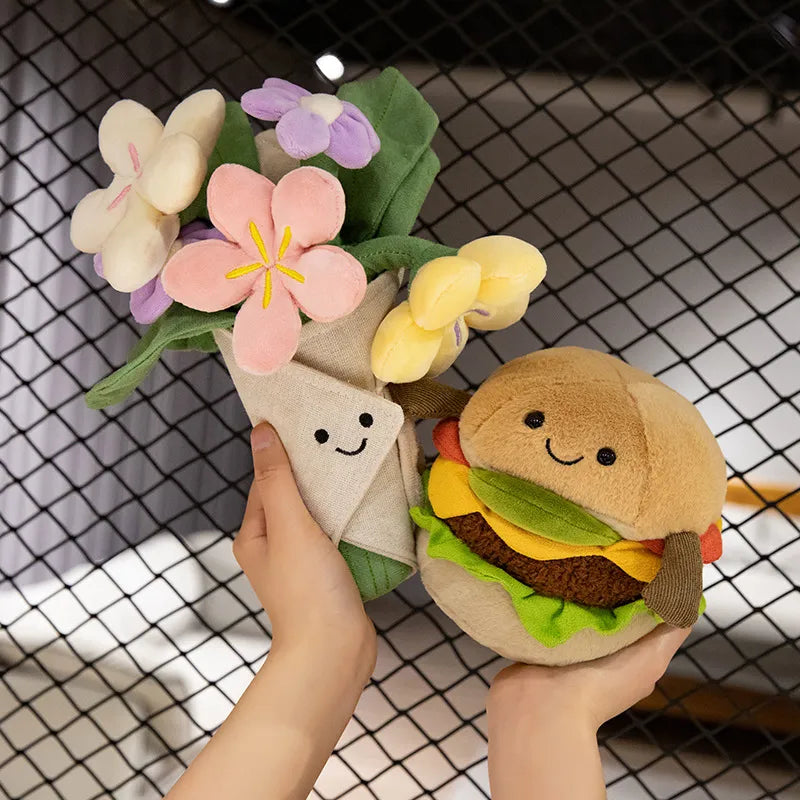 Funny burger and holding flower stuffed toy