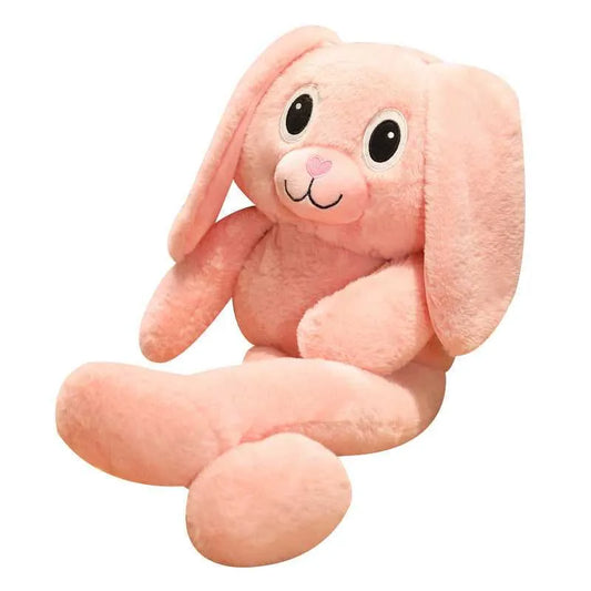 This is a pink bunny plush toy. His ears are connected to his legs and can be longer or shorter on each side.