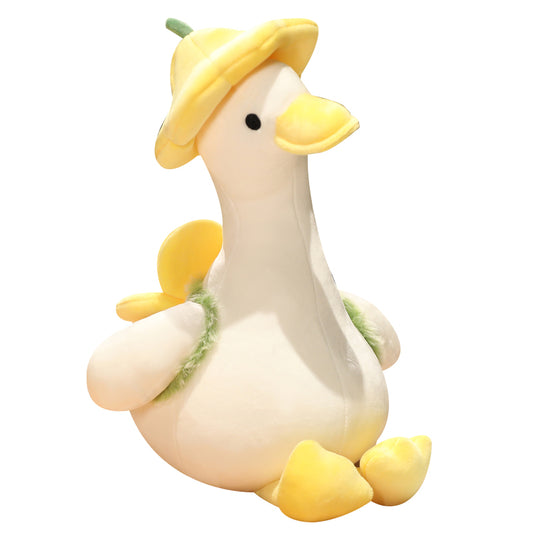 Duck stuffed animal wearing a flower hat