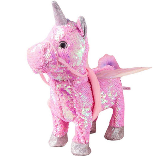 Flip sequin stuffed animal unicorn electric plush toy，35*30*12cm.