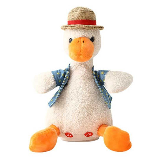 Mimibear Plaid shirt plush duck plush toy, electric learn to talk, nodding, straw hat duck doll, beige, 11 inches