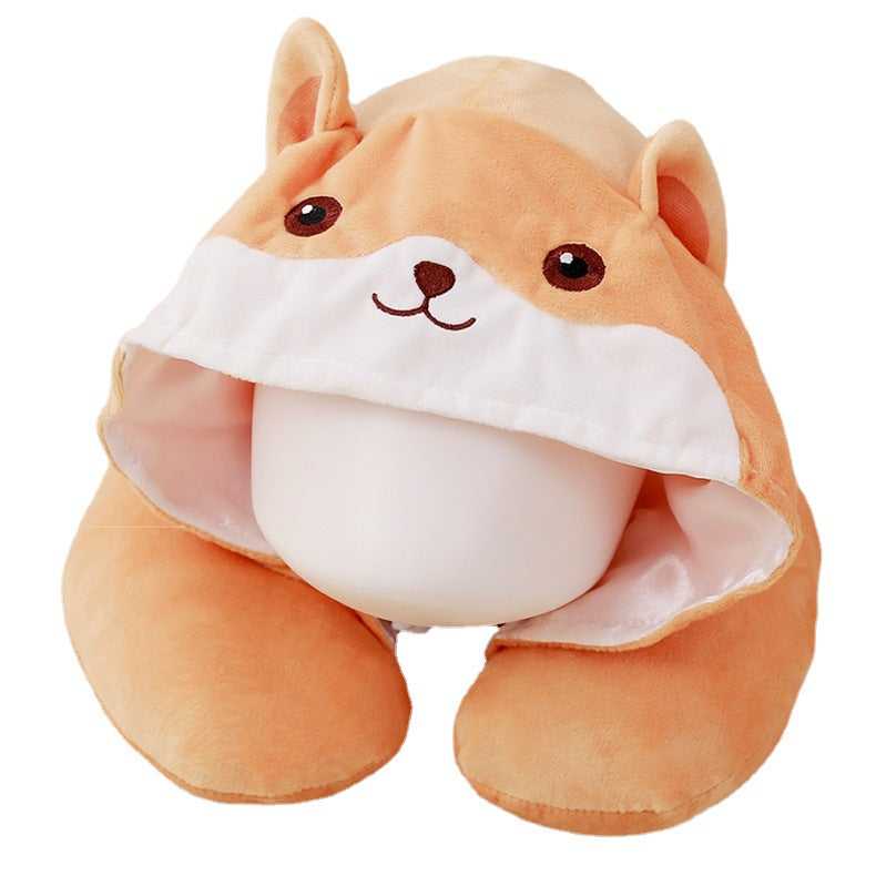 Cute Shiba Inu neck pillow and hat combo, soft and comfortable memory foam U-shaped pillow